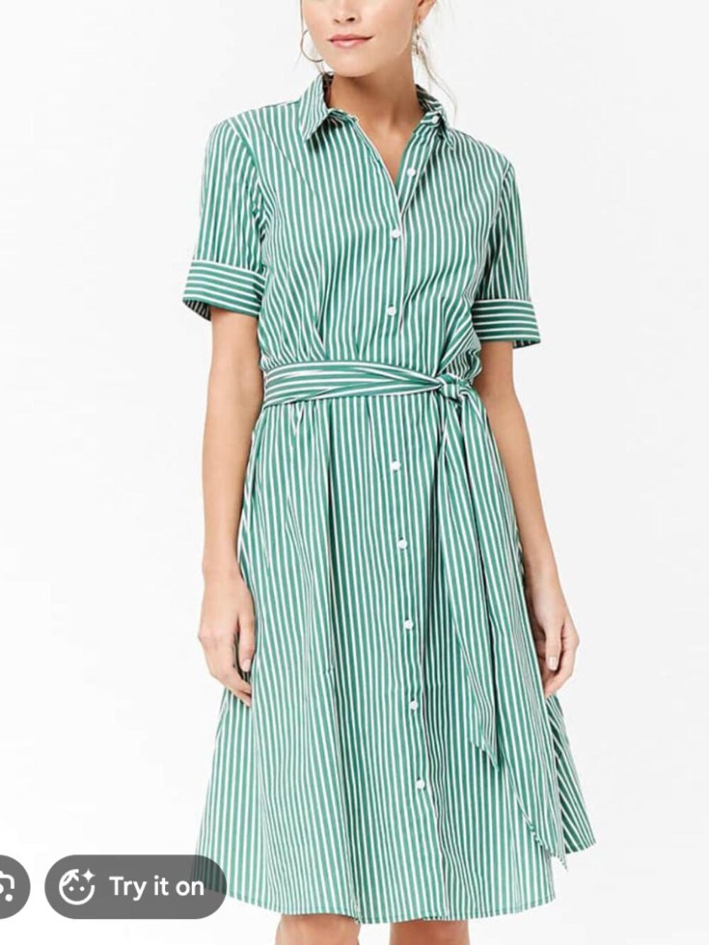 Green & White Striped Collared Shirt Dress with Tie Belt - Size Small